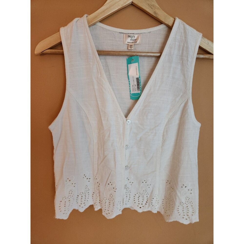 Dizzy Lizzy Gracie Linen Eyelet Vest Medium Petite NWT